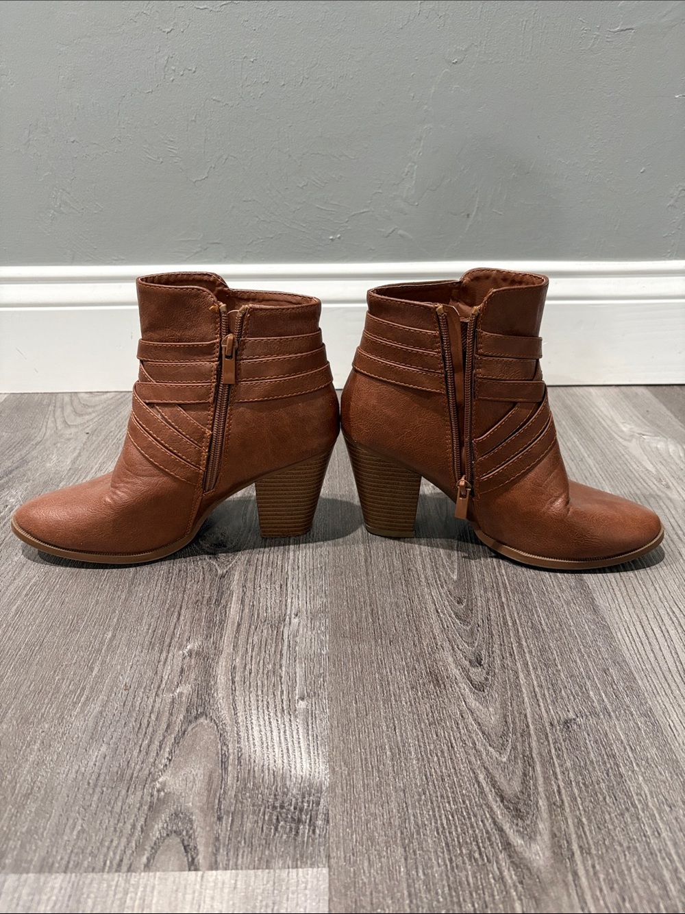 Women's Brown Strappy Buckle Ankle Booties - Picture 2 of 8